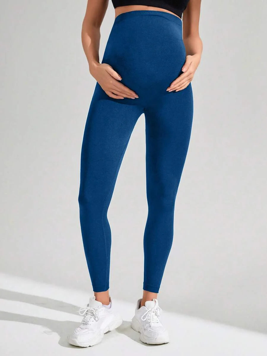 Navy Blue High Waisted Maternity Yoga Leggings - High Stretch Skinny Fit Activewear - Seamless Comfort Daily Wear Pregnancy Tights