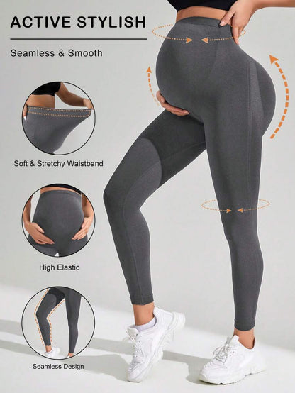 Navy Blue High Waisted Maternity Yoga Leggings - High Stretch Skinny Fit Activewear - Seamless Comfort Daily Wear Pregnancy Tights