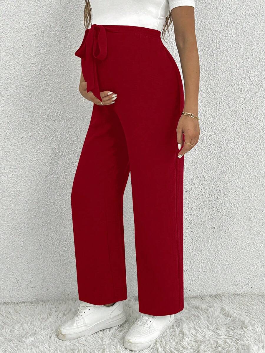 Maternity Straight Leg Pants - Ultra High Waist, Elastic Waist, Knot Detail, Navy Blue