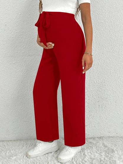 Maternity Straight Leg Pants - Belted Waist, Cooling Fabric, Ultra High Waist, Black