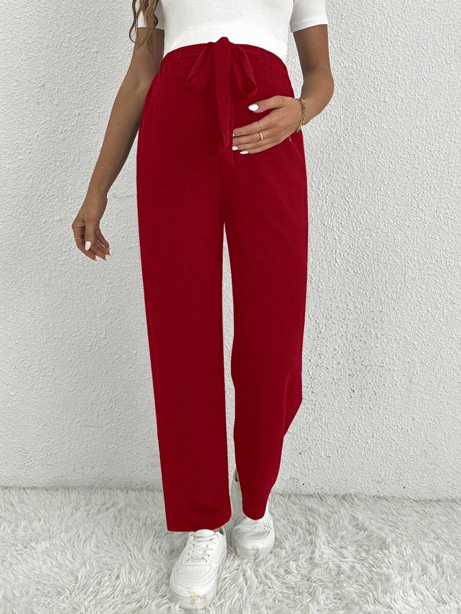 Maternity Straight Leg Pants - Ultra High Waist, Elastic Waist, Knot Detail, Navy Blue