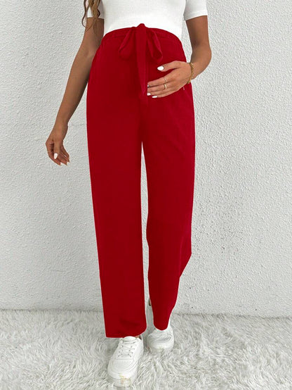 Maternity Straight Leg Pants - Belted Waist, Cooling Fabric, Ultra High Waist, Black