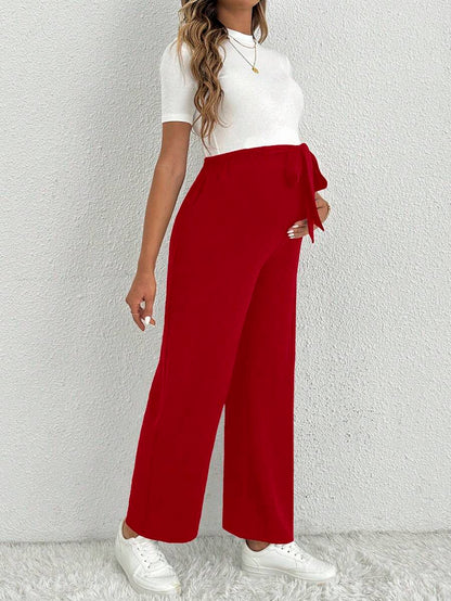 Maternity Straight Leg Pants - Belted Waist, Cooling Fabric, Ultra High Waist, Black