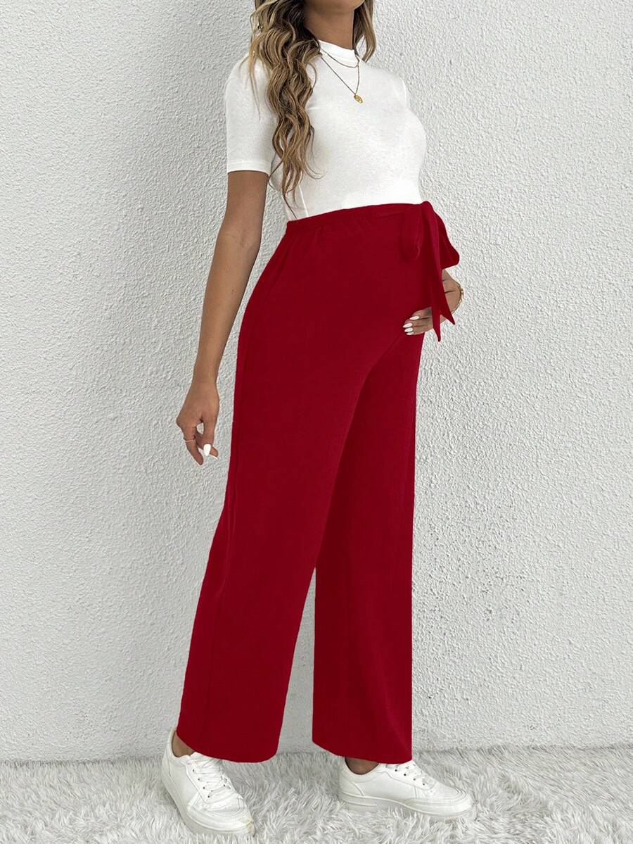 Maternity Straight Leg Pants - Ultra High Waist, Elastic Waist, Knot Detail, Navy Blue