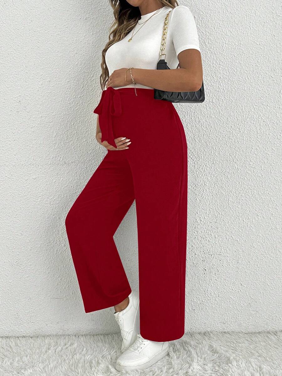 Maternity Straight Leg Pants - Ultra High Waist, Elastic Waist, Knot Detail, Navy Blue