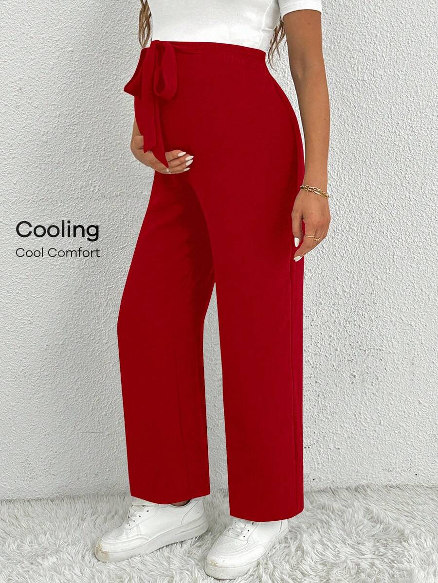 Maternity Straight Leg Pants - Ultra High Waist, Elastic Waist, Knot Detail, Navy Blue