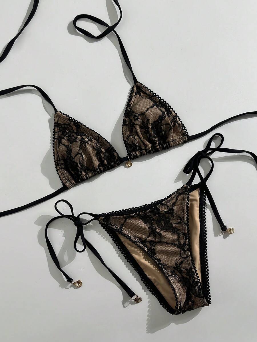 Women's 2-Piece Halter Bikini Set - Wave Ruffle, Metal Pendant, Tie Back, Black