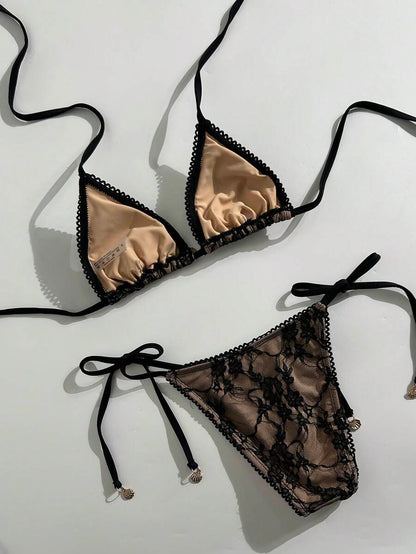 Women's 2-Piece Halter Bikini Set - Wave Ruffle, Metal Pendant, Tie Back, Black