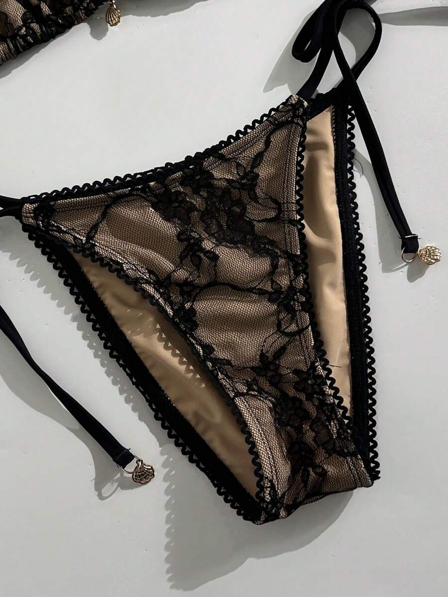 Women's 2-Piece Halter Bikini Set - Wave Ruffle, Metal Pendant, Tie Back, Black