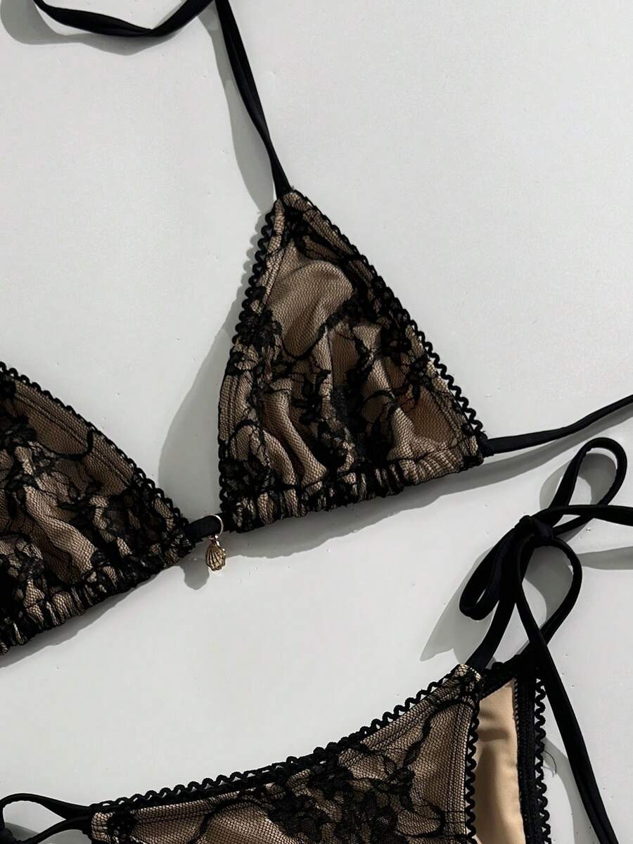Women's 2-Piece Halter Bikini Set - Wave Ruffle, Metal Pendant, Tie Back, Black
