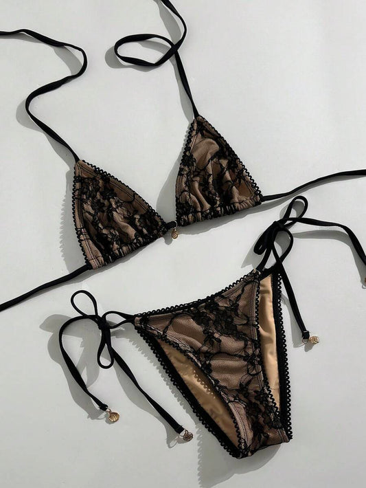 Women's 2-Piece Halter Bikini Set - Wave Ruffle, Metal Pendant, Tie Back, Black