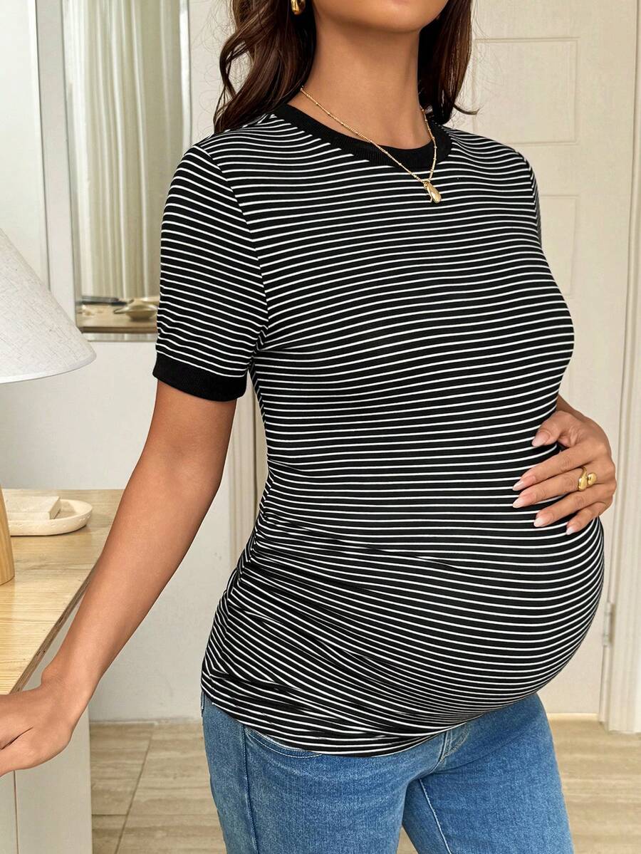 Maternity T-Shirt - Striped Round Neck Short Sleeve Casual Versatile Soft Stretch, Nursing Top