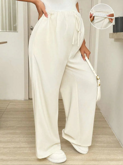 Maternity Wide Leg Pants - Drawstring Waist, Loose Fit, Pocket, Army Green