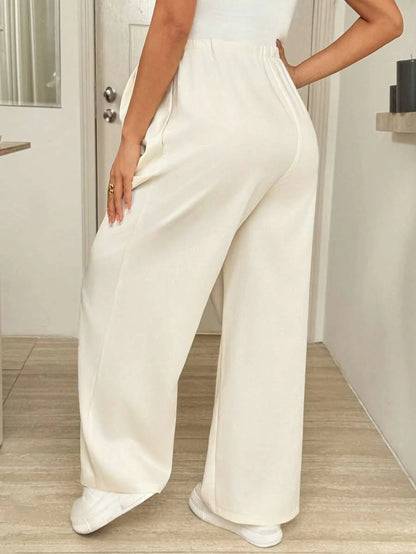 Maternity Wide Leg Pants - Drawstring Waist, Loose Fit, Pocket, Army Green