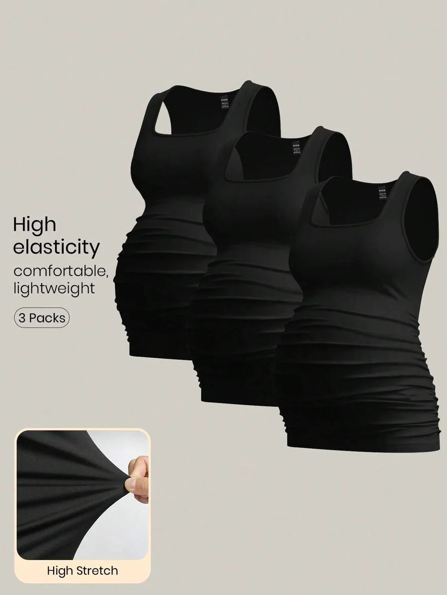 Maternity Ruched Tank Top 3-Pack - Square Neck, Slim Fit, Multicolor
