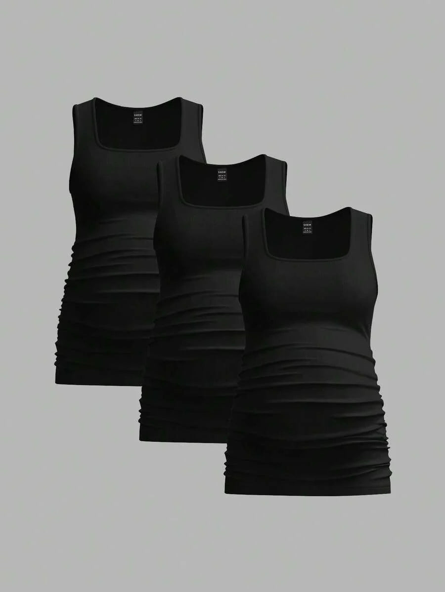 Maternity Ruched Tank Top 3-Pack - Square Neck, Slim Fit, Multicolor