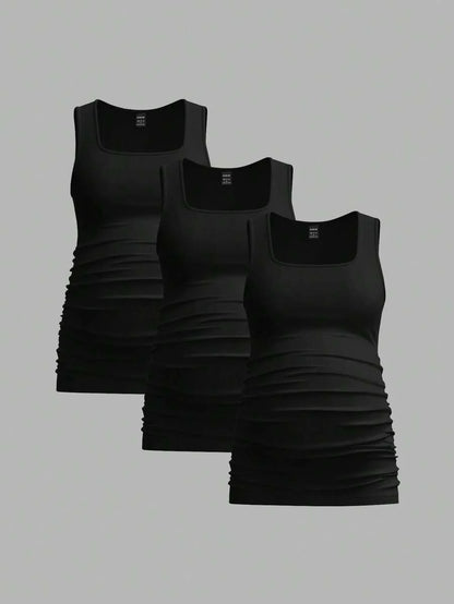 Maternity Ruched Tank Top 3-Pack - Square Neck, Slim Fit, Multicolor
