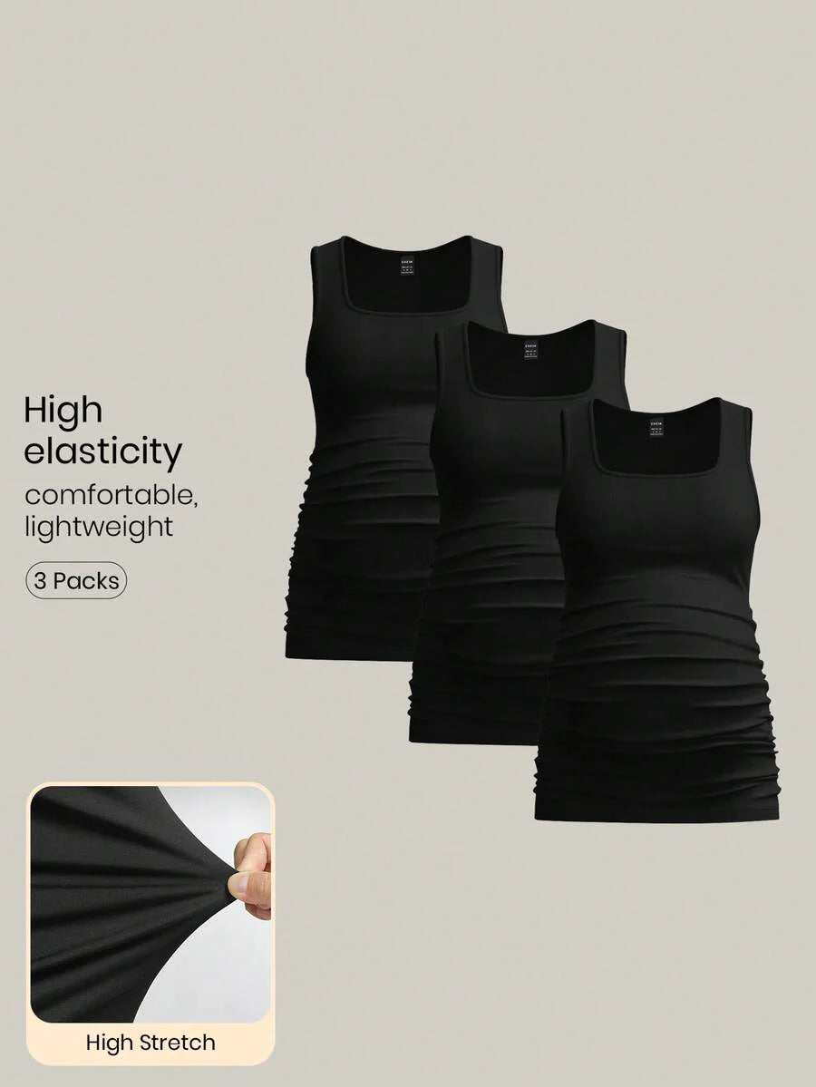 Maternity Ruched Tank Top 3-Pack - Square Neck, Slim Fit, Multicolor