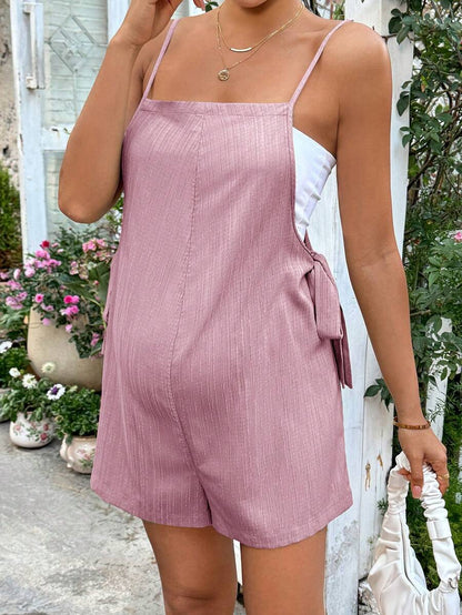 Apricot Spaghetti Strap Maternity Jumpsuit - Casual Sleeveless Knot Front Loose Fit Short Summer Vacation Romper
