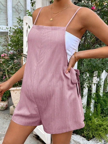 Grey Striped Maternity Romper with Spaghetti Straps and Side Tie Waist - Casual Loose Fit Summer Beach Maternity Jumpsuit