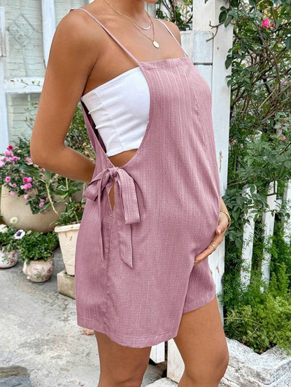 Apricot Spaghetti Strap Maternity Jumpsuit - Casual Sleeveless Knot Front Loose Fit Short Summer Vacation Romper