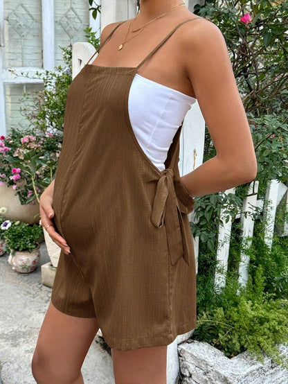 Apricot Spaghetti Strap Maternity Jumpsuit - Casual Sleeveless Knot Front Loose Fit Short Summer Vacation Romper