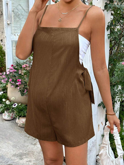 Grey Striped Maternity Romper with Spaghetti Straps and Side Tie Waist - Casual Loose Fit Summer Beach Maternity Jumpsuit