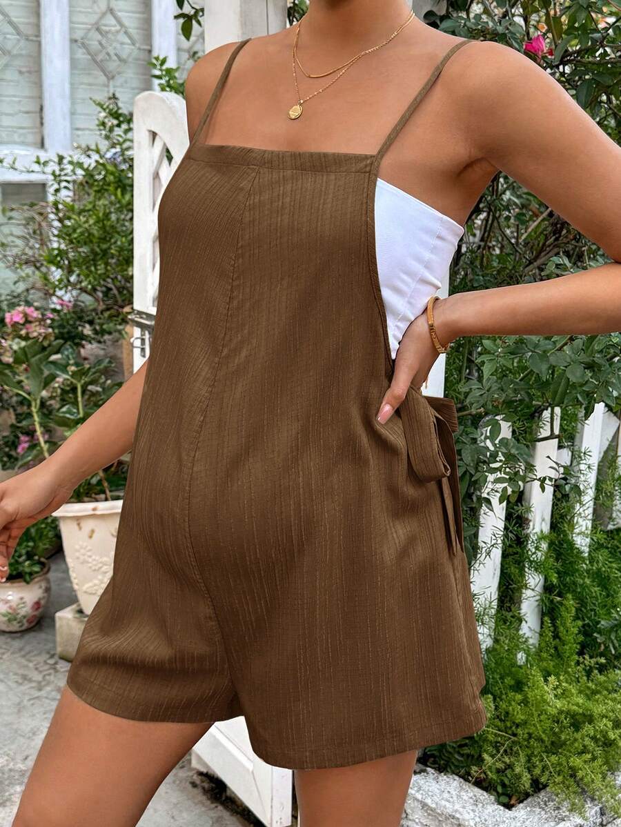 Apricot Spaghetti Strap Maternity Jumpsuit - Casual Sleeveless Knot Front Loose Fit Short Summer Vacation Romper