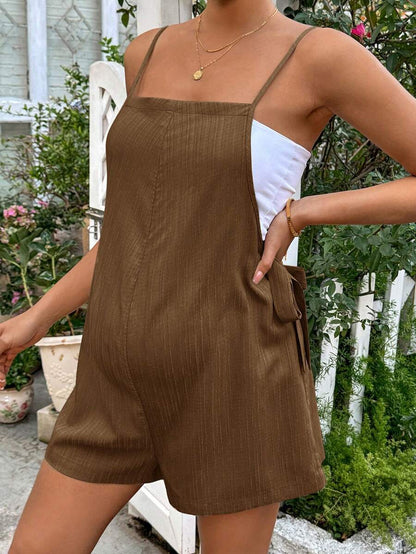 Apricot Spaghetti Strap Maternity Jumpsuit - Casual Sleeveless Knot Front Loose Fit Short Summer Vacation Romper