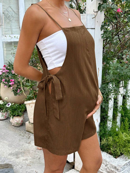 Grey Striped Maternity Romper with Spaghetti Straps and Side Tie Waist - Casual Loose Fit Summer Beach Maternity Jumpsuit
