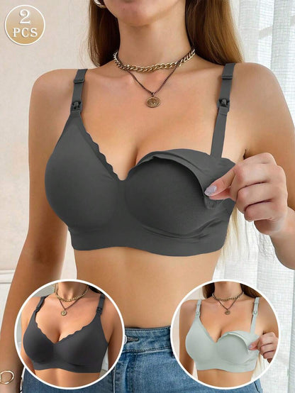 Maternity Nursing Bra 2 Pack - Front Clasp Detachable Minimalist Breastfeeding, Pregnancy Support