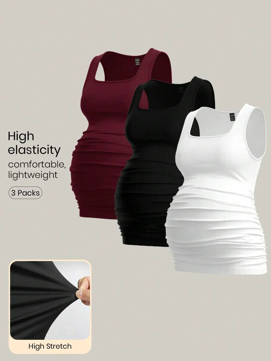 Maternity Ruched Tank Top 3-Pack - Square Neck, Slim Fit, Multicolor