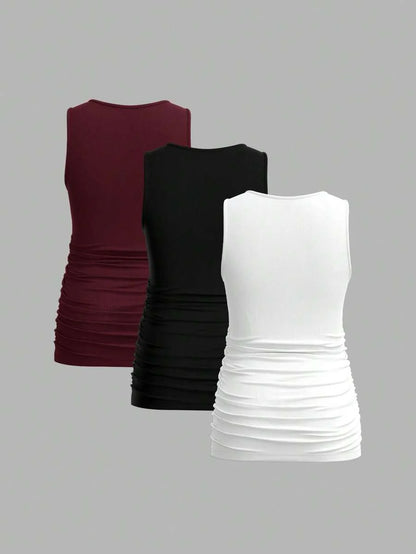 Maternity Ruched Tank Top 3-Pack - Square Neck, Slim Fit, Multicolor