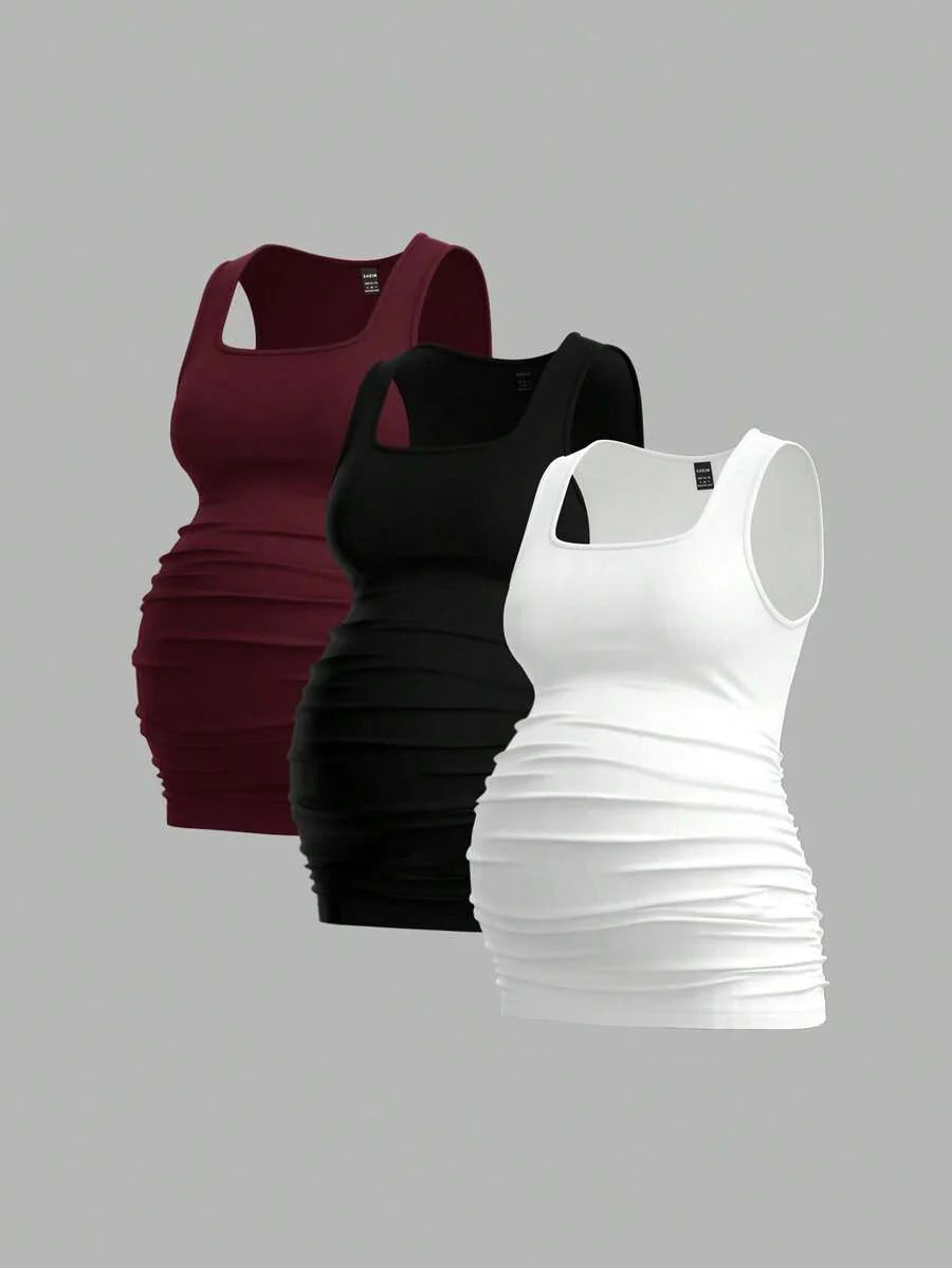 Maternity Ruched Tank Top 3-Pack - Square Neck, Slim Fit, Multicolor