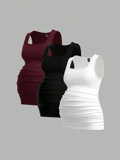 Maternity Ruched Tank Top 3-Pack - Square Neck, Slim Fit, Multicolor