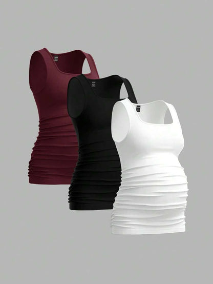 Maternity Ruched Tank Top 3-Pack - Square Neck, Slim Fit, Multicolor