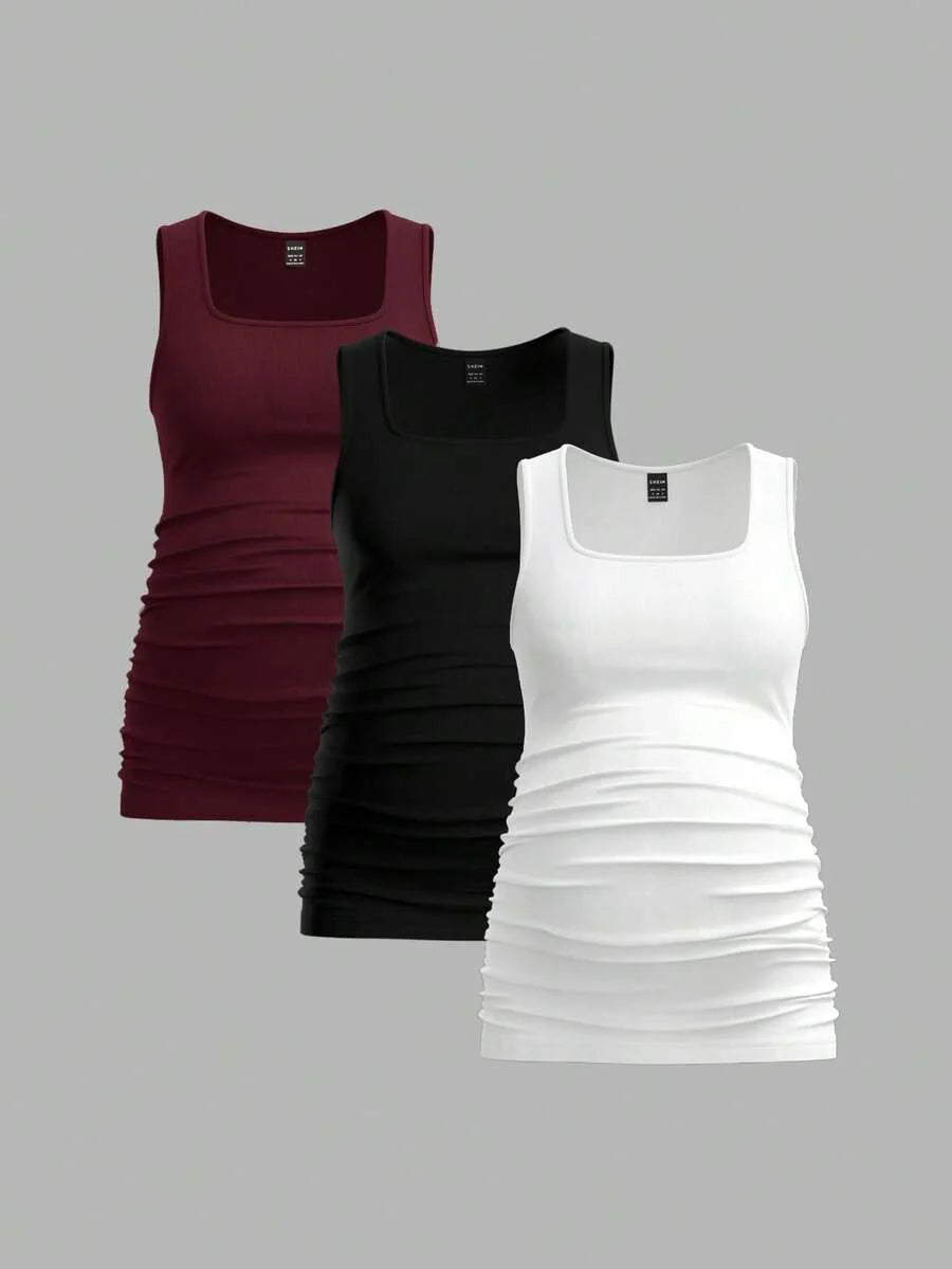 Maternity Ruched Tank Top 3-Pack - Square Neck, Slim Fit, Multicolor