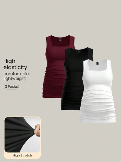 Maternity Ruched Tank Top 3-Pack - Square Neck, Slim Fit, Multicolor