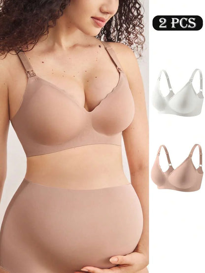 Maternity Nursing Bra 2 Pack - Seamless Solid Color Wireless Breastfeeding, Pregnancy Postpartum