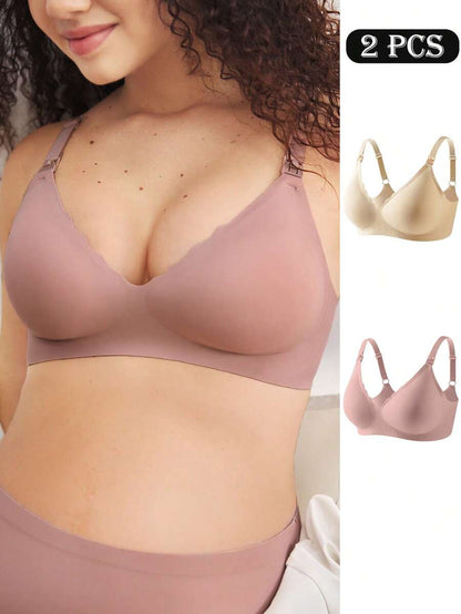 Maternity Nursing Bra 2 Pack - Seamless Solid Color Wireless Breastfeeding, Pregnancy Postpartum