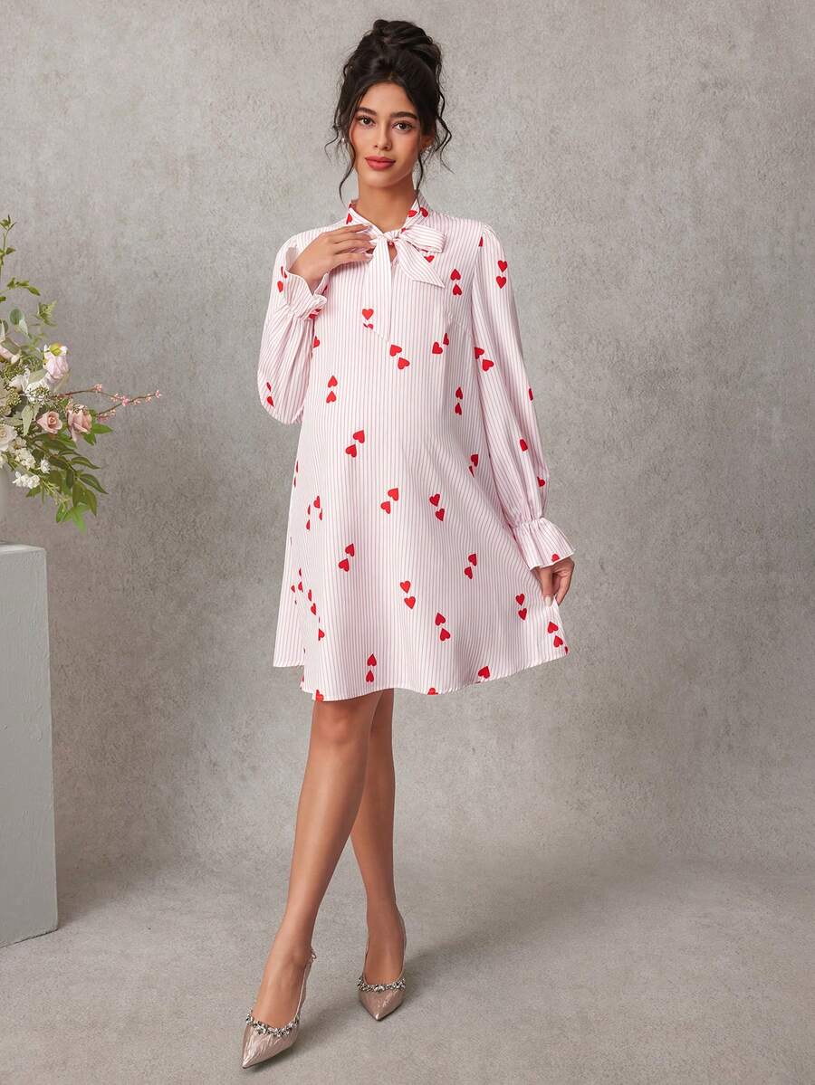 Maternity Heart Print A-Line Short Dress - Notched Neck, Extra-Long Sleeve, Ruched, Pink