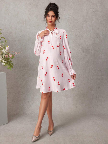 Maternity Heart Print A-Line Short Dress - Notched Neck, Extra-Long Sleeve, Ruched, Pink