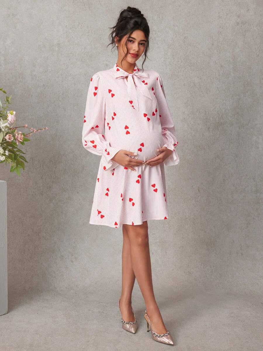 Maternity Heart Print A-Line Short Dress - Notched Neck, Extra-Long Sleeve, Ruched, Pink