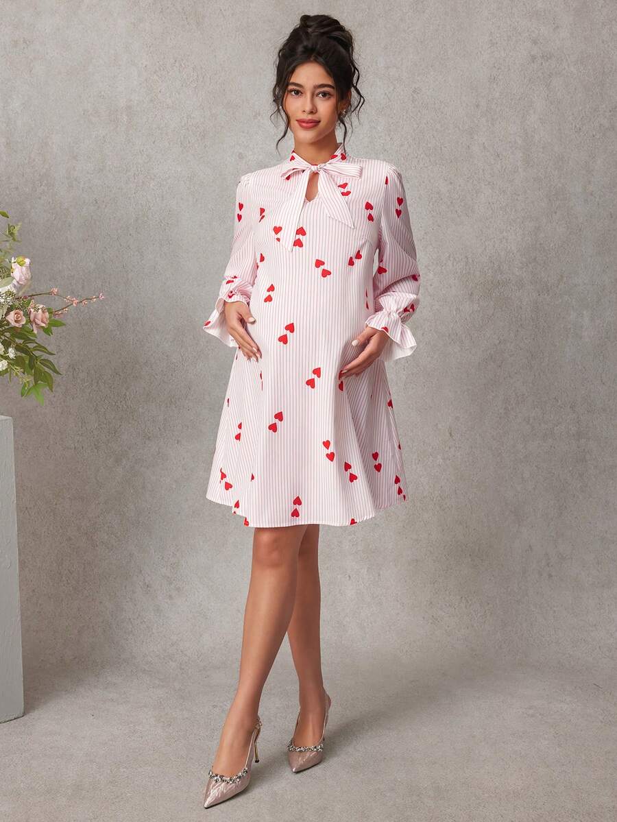 Maternity Heart Print A-Line Short Dress - Notched Neck, Extra-Long Sleeve, Ruched, Pink