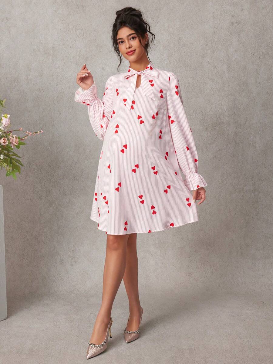 Maternity Heart Print A-Line Short Dress - Notched Neck, Extra-Long Sleeve, Ruched, Pink