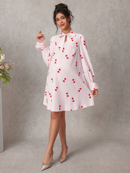 Maternity Heart Print A-Line Short Dress - Notched Neck, Extra-Long Sleeve, Ruched, Pink