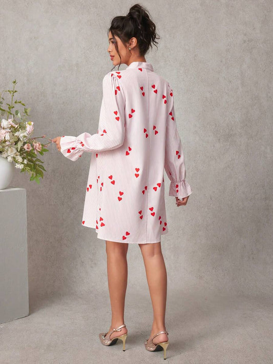 Maternity Heart Print A-Line Short Dress - Notched Neck, Extra-Long Sleeve, Ruched, Pink
