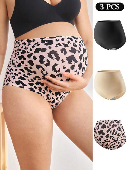 Maternity Panties 3 Pack - High Waist Seamless Leopard Print Soft Stretch, Pregnancy