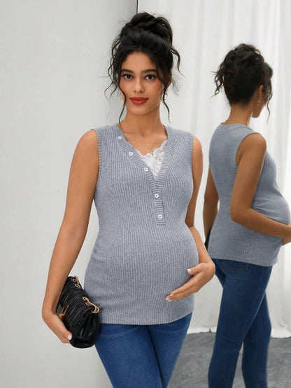 Maternity Ribbed Tank Top - V Neck, Contrast Lace, Slim Fit, High Stretch, Grey