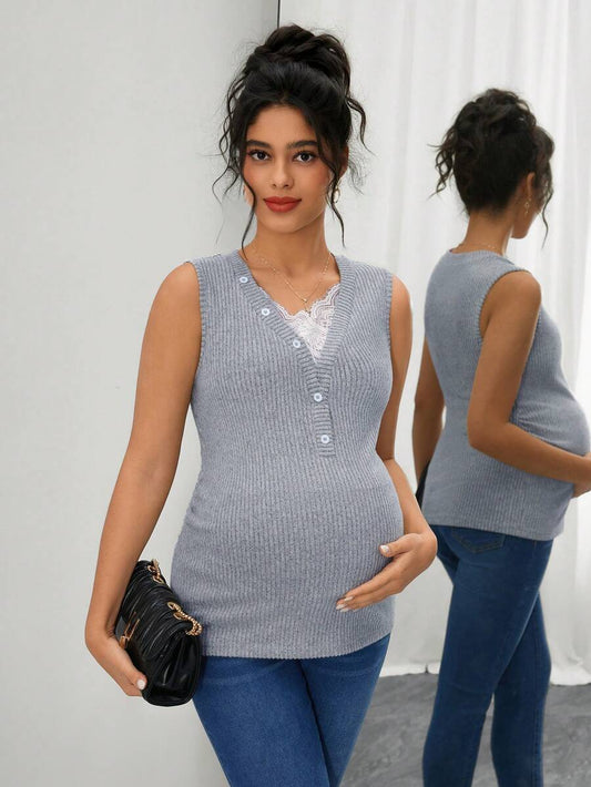 Maternity Ribbed Tank Top - V Neck, Contrast Lace, Slim Fit, High Stretch, Grey